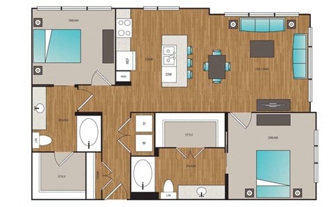 Floor plan for 2 beds, 2 baths, 1161 sqft